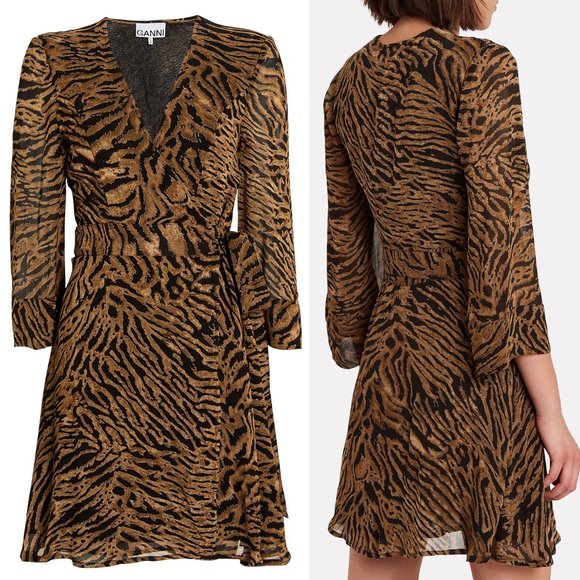 NWT Ganni Tiger Print Brown Wrap Mini Dress - Picture 2 of 8